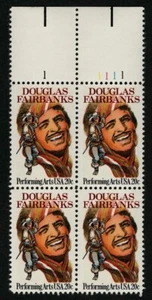 US 1984 #2088 Douglas Fairbanks Performing Arts 20c Plate Block of 4 Mint NH MNH - Picture 1 of 2