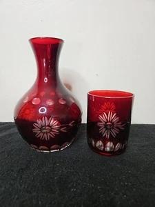 Ruby Flash Glass Decanter Carafe Pitcher & Beverage Glass Etched Sunburst - Picture 1 of 5
