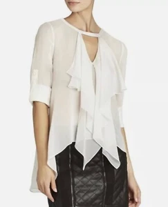BCBGMAXAZRIA BLUSA SEDA-100% SEDA GASA-BLANCO APAGADO-L/S-VOLANTES-TALLA XS-S-DE COLECCIÓN NUEVA CON ETIQUETAS - Imagen 1 de 12