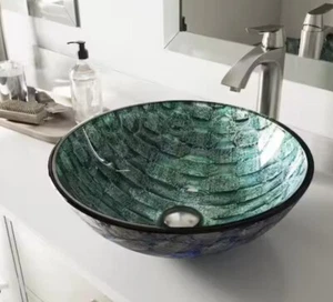 NEW VIGO Glass Round Vessel Sink Oceania Blue VG07049 Turquoise Green silver - Picture 1 of 6