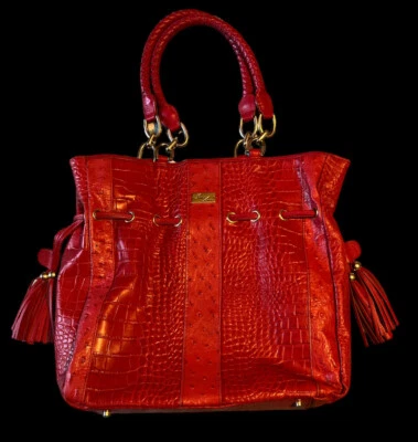 Isabella Adams Leather Crocodile Embossed Handbag Tassels Red 14"x13" - Image 1 of 4