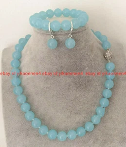 Natural 8/10/12mm Blue Aquamarine Round Gems Bead Necklace Bracelet Earrings Set - Picture 1 of 15