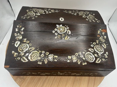Antique Wood With Mother Of Pearl Inlayed Floral Design Traveling Desk - 1800's - Image 1 of 4