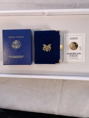 American Eagle 1992 prueba de oro caja de 1/10 oz y papel certificado de autenticidad solamente ** leer Foto 1 de 4
