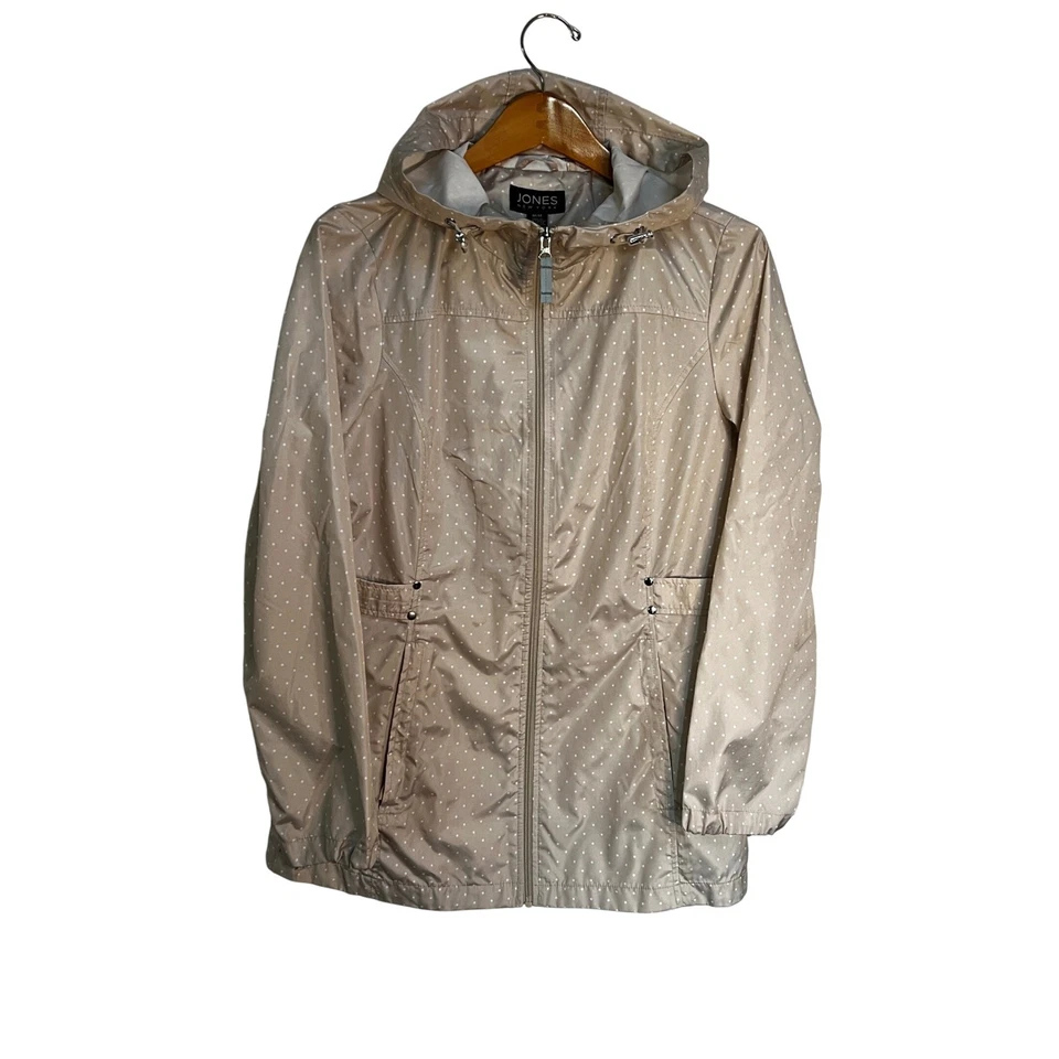 Jones New York Polka Dot Raincoat Lightweight Hooded Jacket Beige SZ Medium - Image 1 of 4