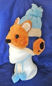 Child's Lined Plush Teddy Bear Winter Hat Blue Brown & Tan Pom Pom & Tassel Ties - Picture 1 of 4
