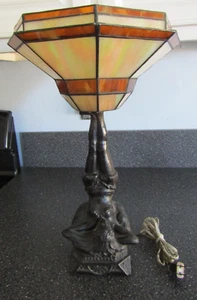 Vintage Semi Nude Metal or Cast Iron Art Deco Style Lamp w/ Tiffany Style Shade - Picture 1 of 17