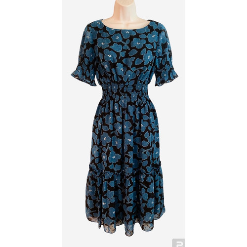 Abito Kate Spade donna A Line blu floreale smocked midi manica corta puff S nuovo
