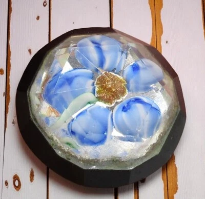 Set of 3 Vintage Czech Art Glass Button Faceted Embedded Blue Flower Black Base - Image 1 of 4