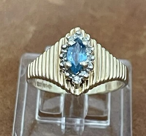 Anello vintage anni 80 RKC oro giallo 10 carati topazio e diamanti aureola a costine misura 4,75 - Foto 1 di 15