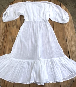 White Gauze & Lace Midi Boho Dress 3/4 Sleeve Elastic Waist Sheer Festival - Picture 1 of 8