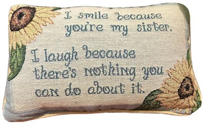 ESTATE Manual Woodworker’s I Smile Sister Word Pillow Sunflowers Blue Yellow - Picture 1 of 2