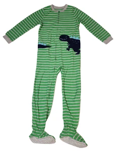 Carter's Boy Green Dino Striped Cozy Fleece Full Zip Long Sleeve Fottie PJs Sz 8 - Picture 1 of 7