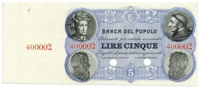 5 LIRE SPECIMEN CON MATRICE FIDUCIARIO BANCA DEL POPOLO FIRENZE 07/12/1871 FDS - Image 1 of 4