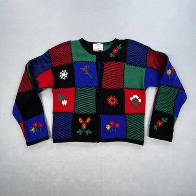 Vintage Susan Bristol Sweater Womens Medium Black Patchwork Floral Cardigan 90s - Image 1 of 4