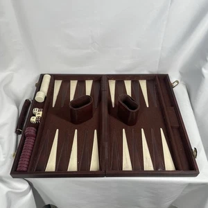 Vintage Backgammon Set Carry Case Brown Complete Soft Faux Leather 9 x 15" - Bild 1 von 9