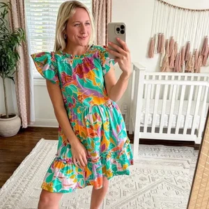 House Of Harlow 1960 Minikleid Blumenmuster Flatterärmel Grün Multi S - Bild 1 von 7