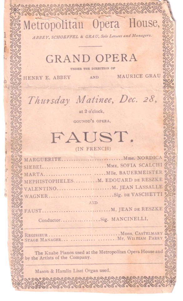 1894 Metropolitan Opera programa Gounod's "Fausto" JEAN DE RESZKE, LILLIAN NORDICA Foto 1 de 1