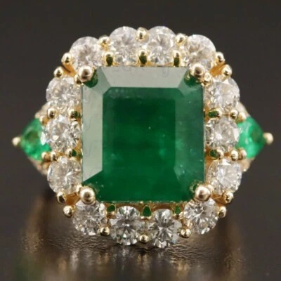 Anillo con punta de oro amarillo sólido 100 % diamante natural esmeralda de 7,60 quilates Foto 1 de 4
