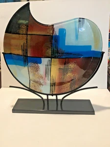 Gorgeous CONTEMPORARY Art Glass Vase w/ Metal Stand ABSTRACT MODERNIST geometric - Picture 1 of 3