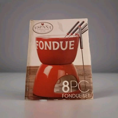España Fondue Set W/Forks Chocolate Dessert Snack Red Ceramic New Gift Party NEW - Image 1 of 4