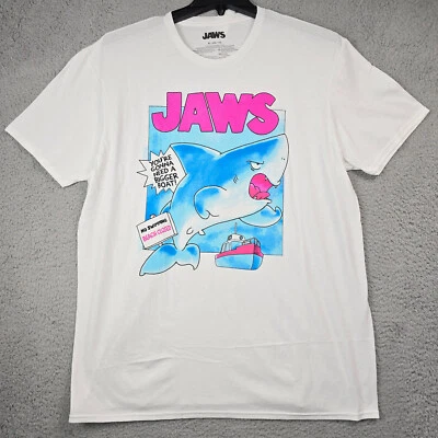 JAWS Shirt Adult XL WHITE Blue HORROR Casual Movie Film Shark Mens HUMOR NWT - Image 1 of 4