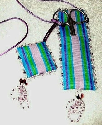 Purple Stripes On Blue Beaded Ribbon Scissor Case & Pincushion W/ Scissor - NEW - Image 1 of 3