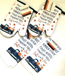 Set of 4 Blue Farm Truck Fall Pumpkins Kitchen 2 Dish towels & 2 Oven Mitts - Picture 1 of 4