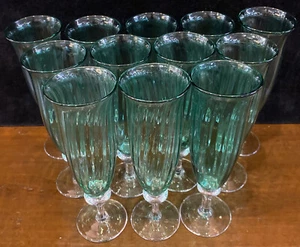 Set Of 12 Wilke Adolfsson Swedish Studio Glass 1993 Green Champagne Flute 8" - Picture 1 of 6