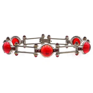 Vintage Silver Plated Red Paste Link Bracelet - Picture 1 of 5