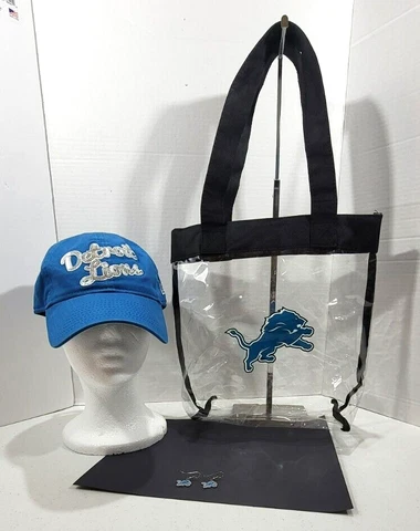 Detroit Lions Clear Reusable Bag NFL HAT BLING HAT AND EARRINGS LOT Cover