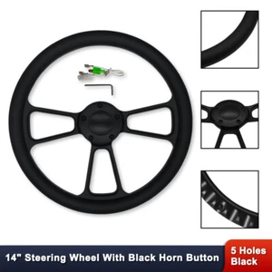 14" 5 Holes Billet Aluminum Steering Wheel w/ Horn Button Black Wrap Hot Rod - Picture 1 of 6