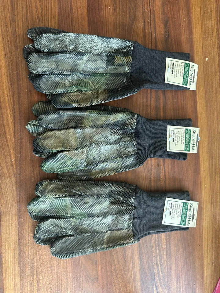 3-Pair Knight&Hale Nylon Mesh Hunting Gloves OSFM Mossy Oak Camo Sure Dot Grip - Image 1 of 1