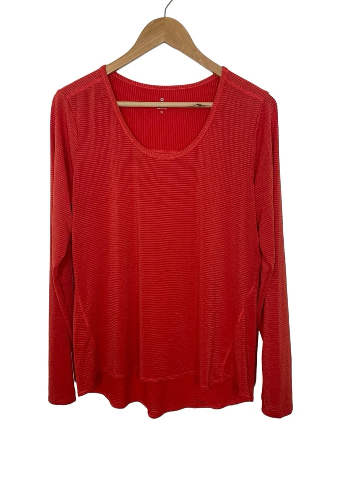 Camiseta Athleta Shadow Stripe Chi Manga Larga Ligera Semi Transparente Naranja Talla XL Foto 1 de 4