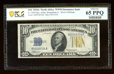 DBR 1934-A $10 North Africa Silver Gem Fr. 2309 PCGS-B 65 PPQ Serial B09318704A - Image 1 of 2