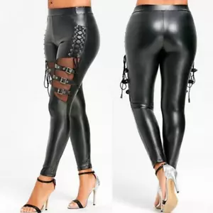 Women Gothic Punk Pants Ladies Lace Up Leggings Wet Look Skinny Stretch Trousers - Picture 1 of 9