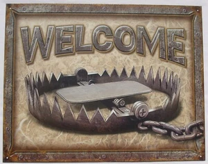 Willkommen Metall Spass Schild mit Bärenfalle original aus USA - Bild 1 von 1