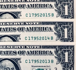 2013 2014 2015: Consecutive Year Notes One Dollar Bill Fancy Serial Lot of 3 UNC - Picture 1 of 3