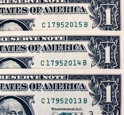 2013 2014 2015: Consecutive Year Notes One Dollar Bill Fancy Serial Lot of 3 UNC - Image 1 of 3