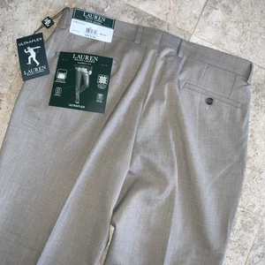 Lauren Ralph Lauren Classic Fit Ultra Flex Pants Sz 34x30 Brown Pleated Stretch - Picture 1 of 10