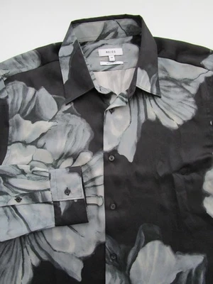 Camisa Para Hombre Mediana REISS LS Botón Regular FIt Floral Negro Gris Foto 1 de 4