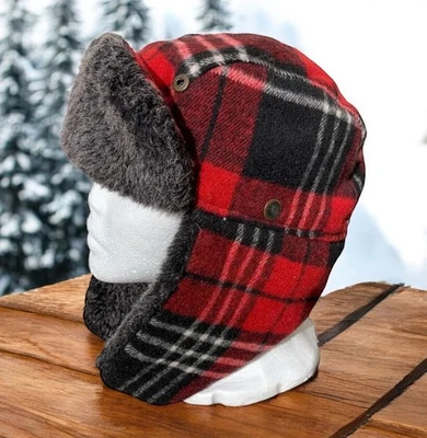 De colección PIERRE CARDIN Leñador Bombardero Sombrero L/XL Rojo Cuadros Imitación Piel Oreja Aleta Foto 1 de 4