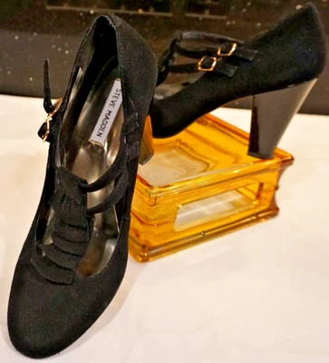 复古 Steve Madden Mary Jane 荷叶边 T 型带 2 扣麂皮绒 3.5 鞋跟 9M — 第 1/4 张图片