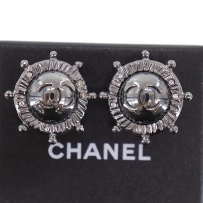 CHANEL Used CC Logos  Earrings 05A Clip-On Black Silver Vintage Auth #EG968 S - Image 1 of 4