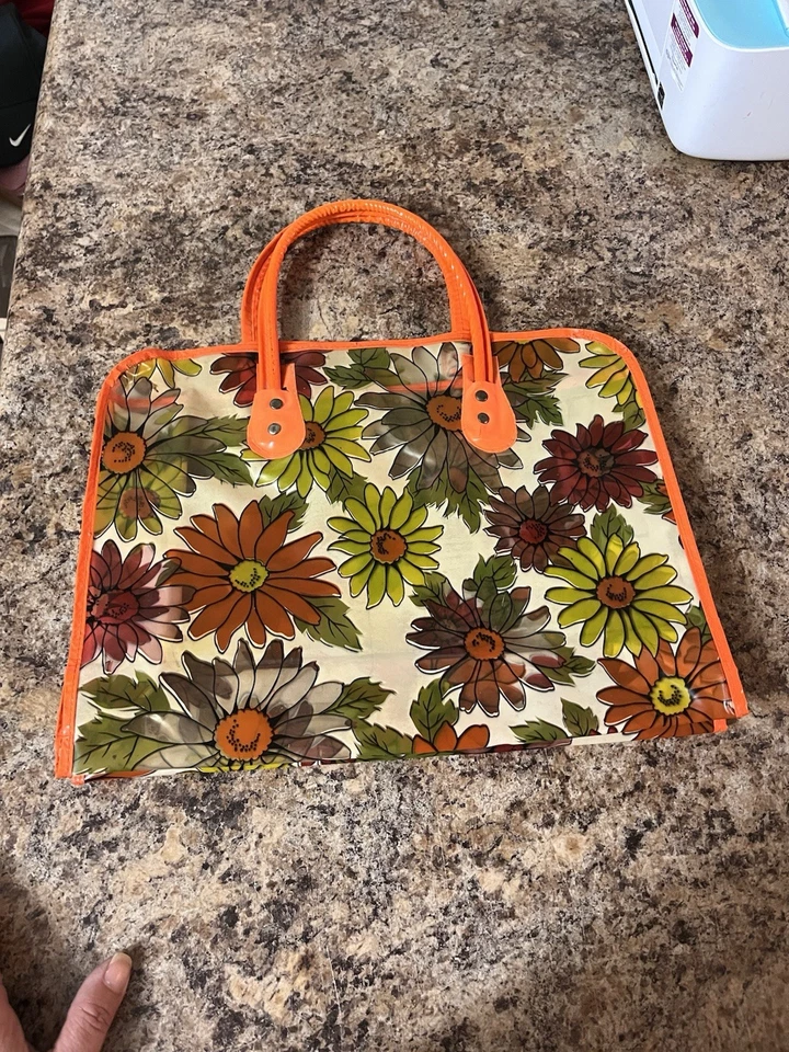 Vintage 1960s / 1970s Orange Floral Vinyl Plastic Waterproof Shopping Tote Bag - Image 1 of 4