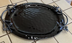 MICHAEL ARAM  OLIVE BRANCH BROWN GLASS 15" OVAL TRAY OXIDIZED BRONZE HANDLES - Picture 1 of 9