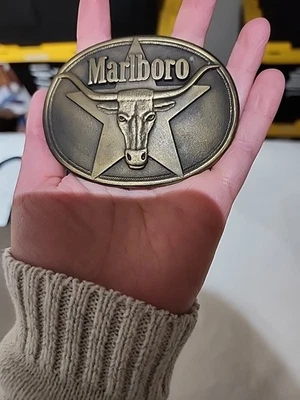 Vintage Marlboro Longhorn Brass Belt Buckle; Philip Morris Cowboy 1987 - Image 1 of 3