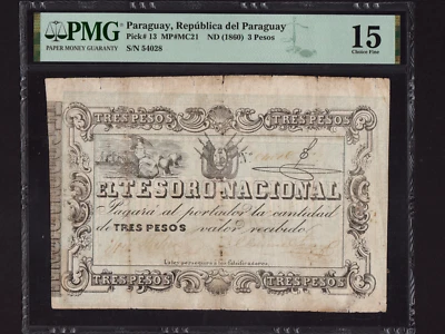 Paraguay:P-13,3 Pesos,1860 * Tesoro Nacional * Peasant Woman * PMG F 15 * - Image 1 of 2