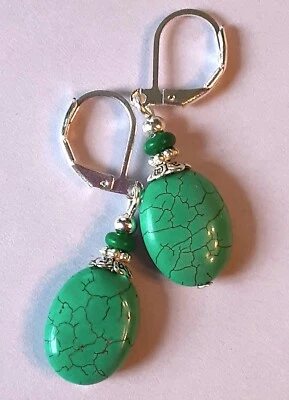 AZUL VERDE HOWLITE pendiente de caída ovalado SP LEVERBACK hecho a mano X2 Foto 1 de 4