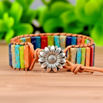 7 Chakra Natural Assorted Gemstone Tube Beaded Handmade Braided Bracelet Gift - Image 1 of 4